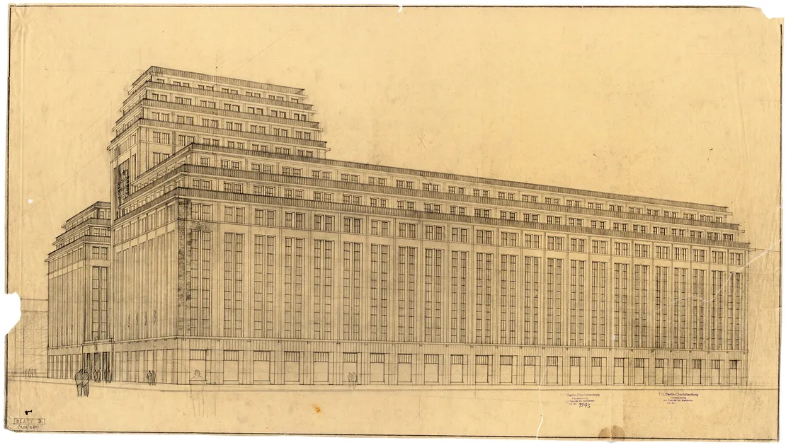 Entwurf von Otto Kohtz 1924 für das Verlagshaus Scherf in Berlin. Ähnlich dem Wiener Hochhaus sind der langestreckte Bau mit einer Bekönung sowie die umlaufende Balkongestaltung, Architekturmuseum TU Berlin  