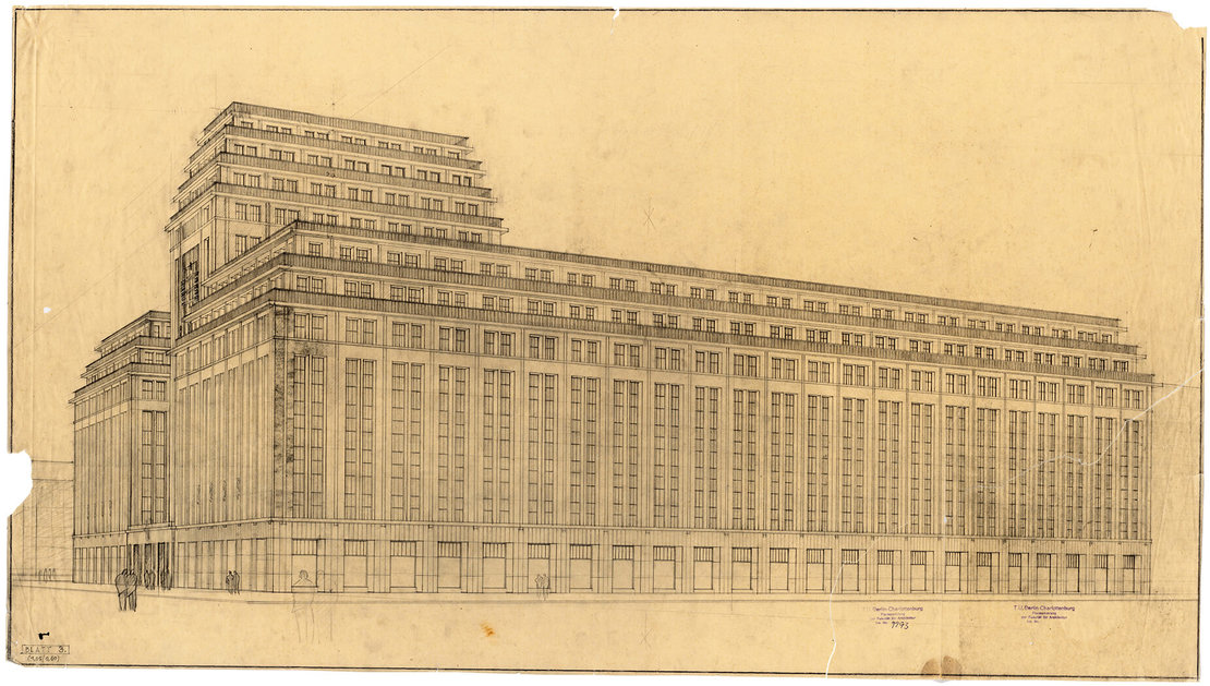 Entwurf von Otto Kohtz 1924 für das Verlagshaus Scherf in Berlin. Ähnlich dem Wiener Hochhaus sind der langestreckte Bau mit einer Bekönung sowie die umlaufende Balkongestaltung, Architekturmuseum TU Berlin 