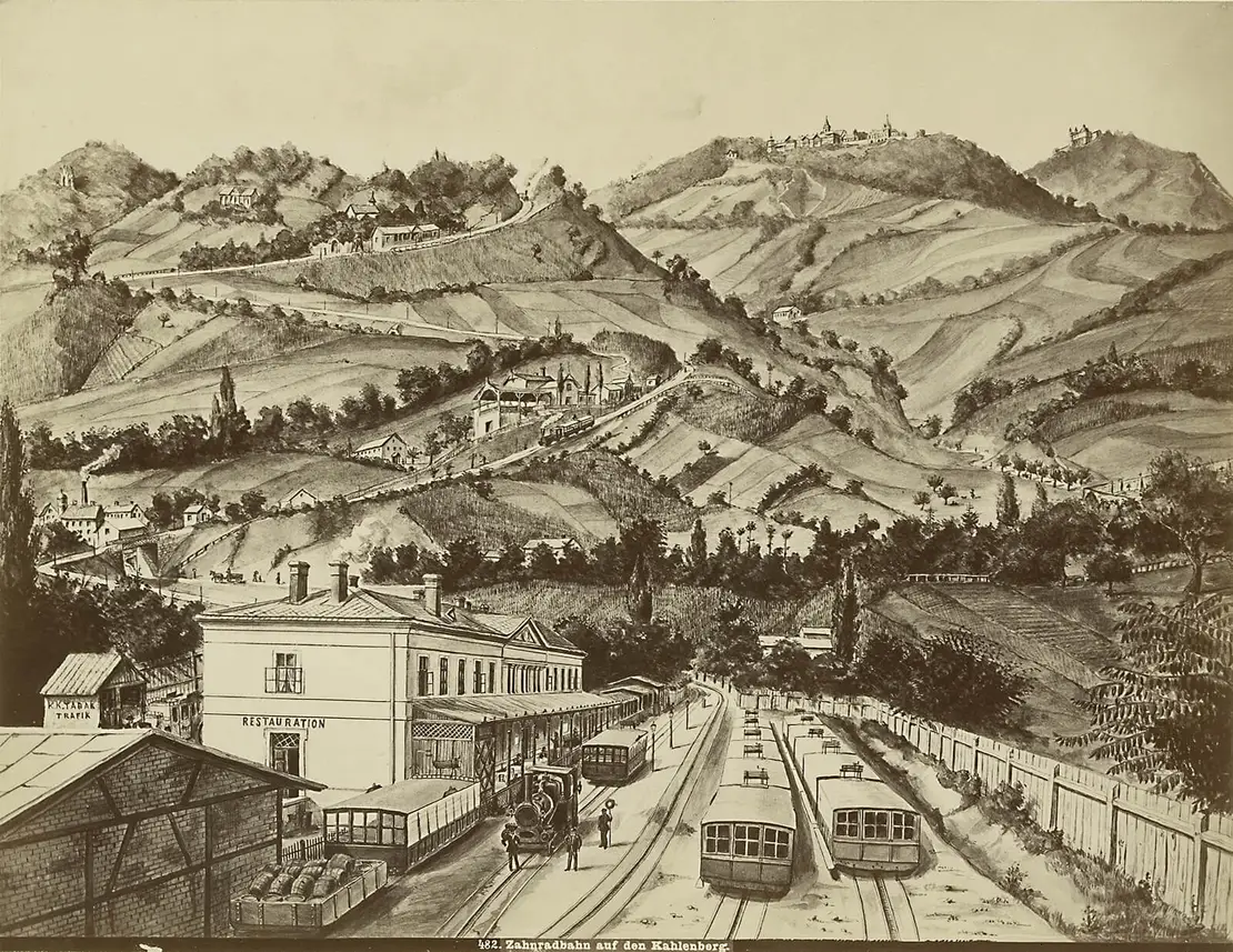 Fotografie nach einer halbfiktiven Zeichnung der Zahnradbahn auf den Kahlenberg mit stark überhöhter Gebirgskulisse, Wien Museum. Die durch Michael Frankenstein fotografisch überlieferte Zeichnung beruht ihrerseits auf einer Fotografie, die Frankenstein selbst 1875 vom Dach der Lok- und Wagenhalle der Station in Nussdorf aufgenommen hatte. Der Vergleich mit der Fotografie verdeutlicht die Überhöhung, mit welcher die Streckenführung auf den Kahlenberg in der Zeichnung dargestellt worden ist – der Kahlenberg wird hier als echtes Gebirge vorgestellt. Die Gesamtschau erinnert an Dioramen der Semmeringbahn, in welchen auf einen Blick ersichtlich wird, welche Strecke dem Reisenden erschlossen wird.