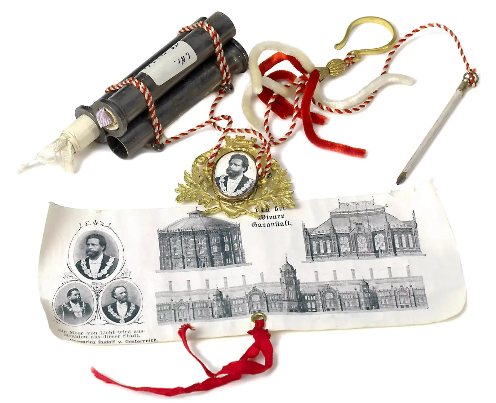 Damenspende vom Landstraßer Bürgerball in Form von Gasrohren und Wappen der Stadt Wien mit Porträt von Bürgermeister Dr. Karl Lueger, 1898, Wien Museum