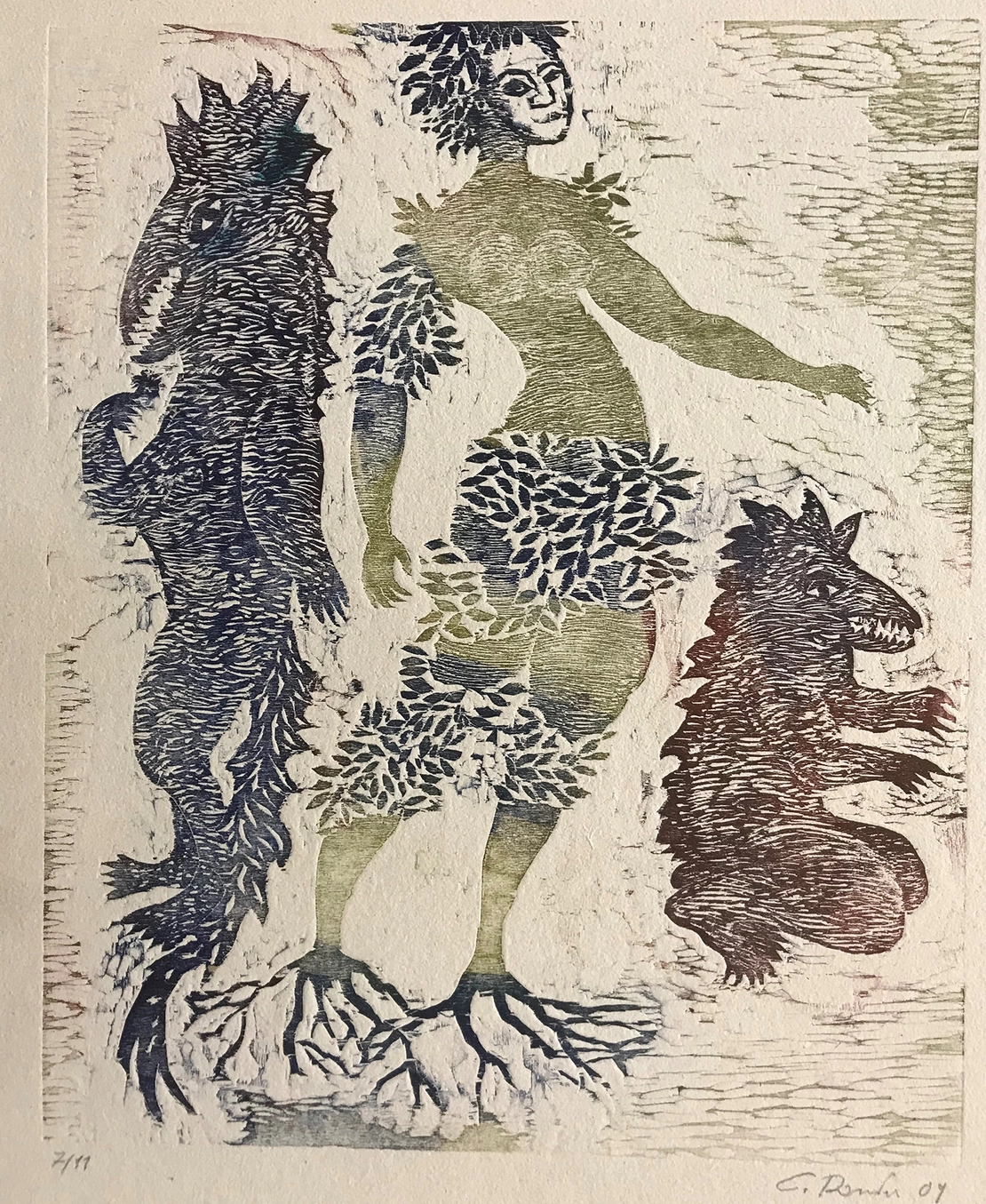 Christoph Donin: Sirene mit zwei Tatzelwürmern, Farbholzschnitt, 2009