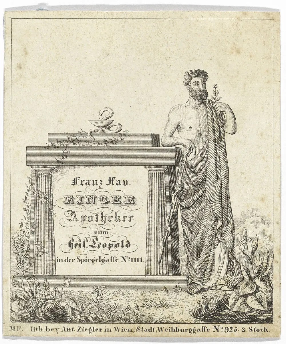 Geschäftskarte/Firmenetikett von Franz Xaver Ringer, Apotheker zum Heiligen Leopold, Spiegelgasse Nr. 1111, Lithographie von Anton Ziegler, um 1840 © Wien Museum  