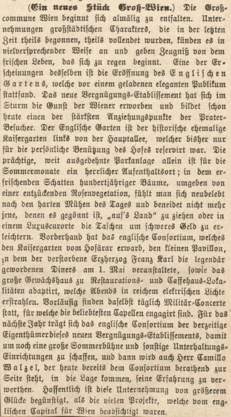 Eröffnung des „Englischen Gartens“ im Prater. Wiener Montags-Journal 15. Juni 1891. ANNO/ÖNB