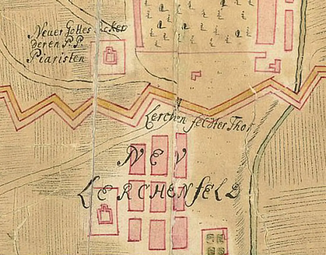 Auf diesem Stadtplan von Wien und den Vorstädten aus dem Jahr 1736 ist Neulerchenfeld vor dem Linienwall gut zu erkennen. Quelle: Wiener Stadt- und Landesarchiv  