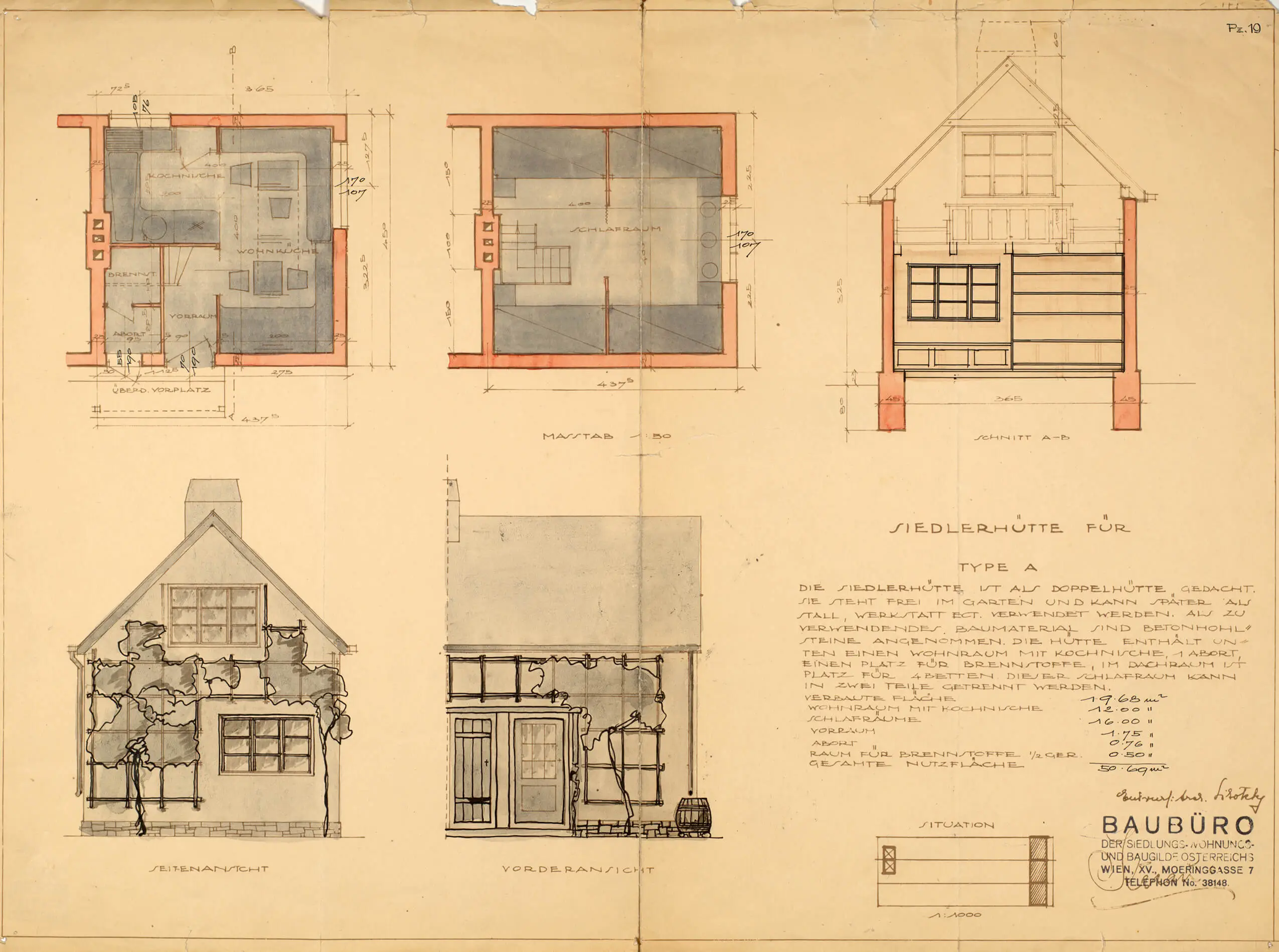 Magarete Schütte-Lihotzky, Siedlerhütten, Type A, Grundriss: EG, OG, Schnitt A-B Seitenansicht, Vorderansicht, Pause, Skizze, M 1:50, um 1922, Reproduktion Robert Newald © Universität für angewandte Kunst Wien, Kunstsammlung und Archiv, Nachlass Margarete Schütte-Lihotzky, Inv.Nr 24/1  