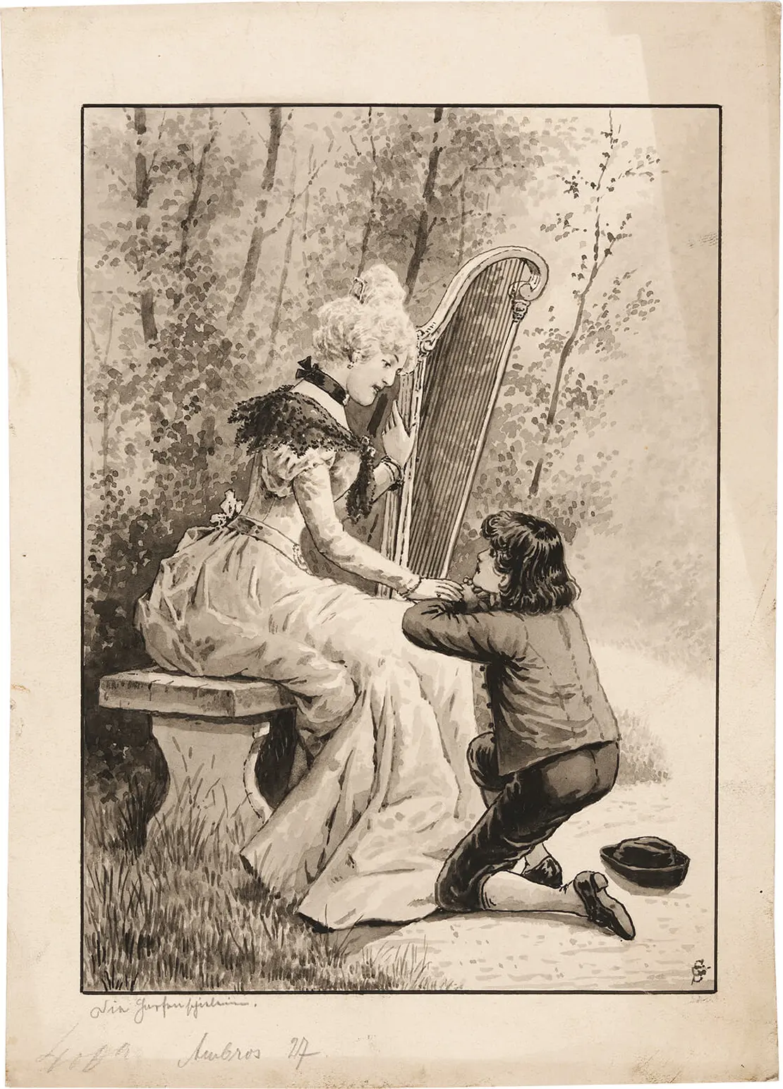 Titelbild: Er lag vor dem Mädchen auf den Knieen, in herzzerreißenden Worten flehend, … (S.4). Aus: Die Harfenspielerin und andere Erzählungen. Von Wilhelm Appelt. Aus der Reihe: Ambros´ Bücherei für die Jugend, Bd. 27, Wien, Verlag von A. Pichlers Witwe & Sohn, Wien. Lavierte Federzeichnung von Ernst Pessler, um 1896  