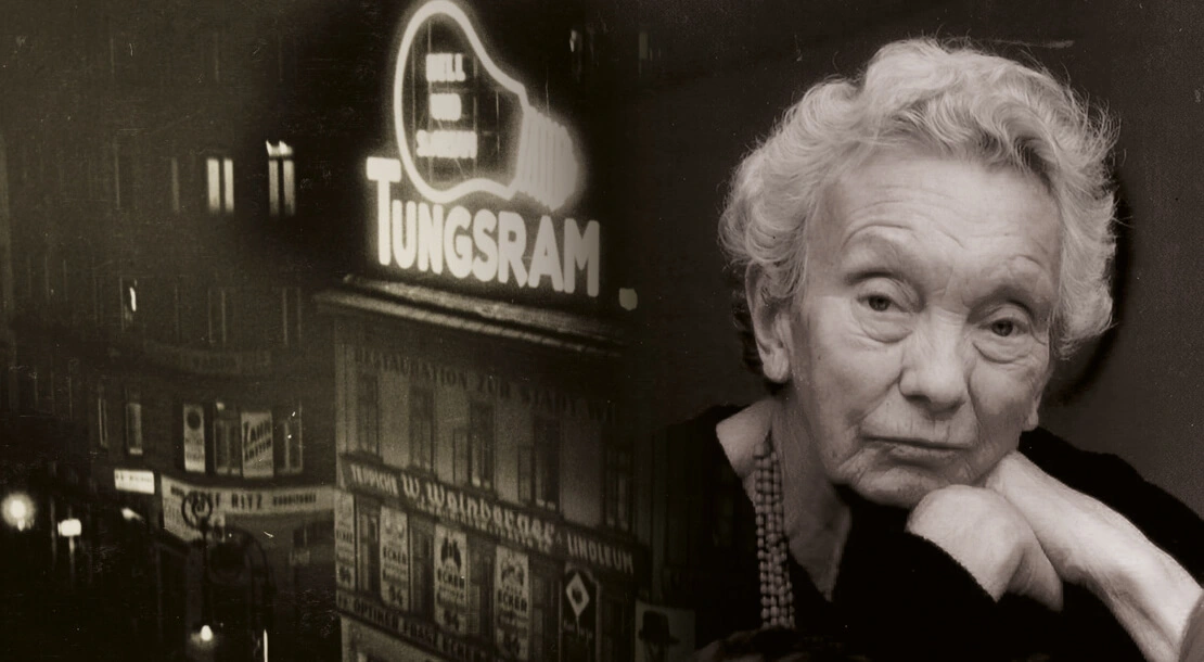 Links: Leuchtreklame Ecke Währinger Straße/Nußdorfer Straße, anonyme Fotografie, um 1930, Wien Museum, Rechts: Ilse Helbich, Foto: Privat  