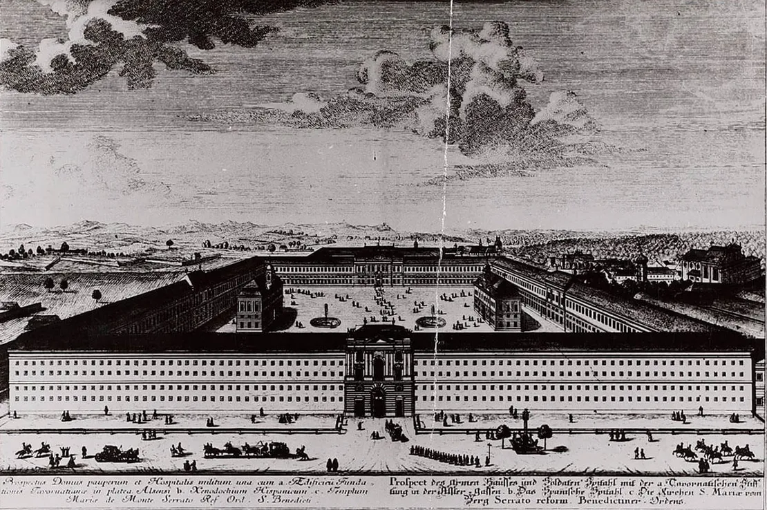 Das Großarmenhaus (im Vordergrund die Alserstraße) vor dem Umbau zum Allgemeinen Krankenhaus, Darstellung 1695, Josephinum – Ethik, Sammlungen und Geschichte der Medizin, MedUni Wien