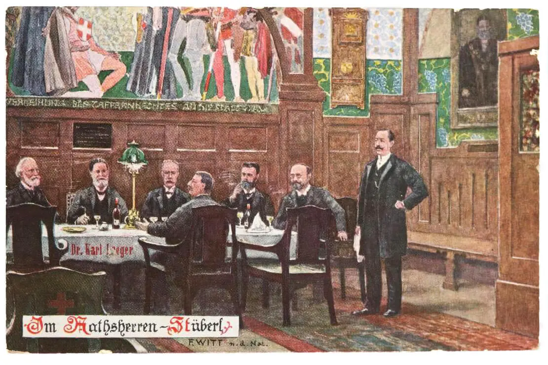 Ratsherren-Stüberl mit Bürgermeister Karl Lueger, um 1900. Ansichtskarte nach einer Zeichnung von Franz Witt, Sammlung Wien Museum