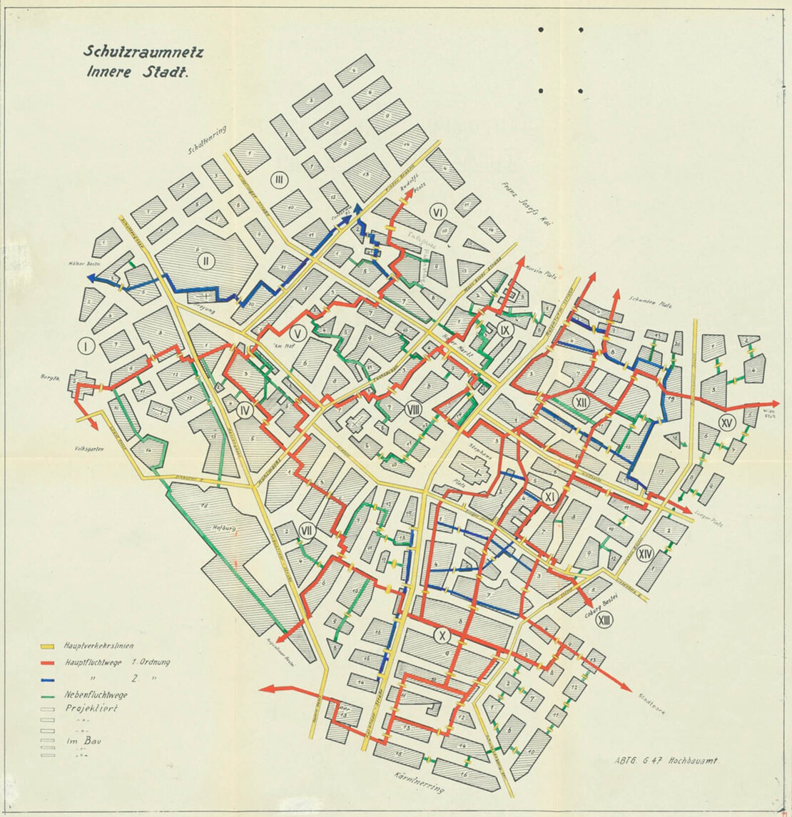 Der schematische Plan zeigt die projektierte Gesamtausdehnung des Schutzraumnetzes. Etwa zwei Drittel davon wurden fertig gestellt. Quelle: WStLA