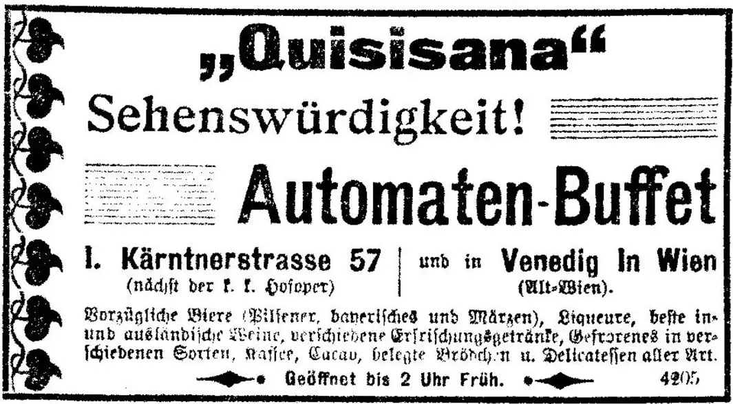 Annonce für Quisisana-Automatenbuffets, in: Wiener Sonn- und Montags-Zeitung, 12.9.1898, S. 4. ÖNB/Anno