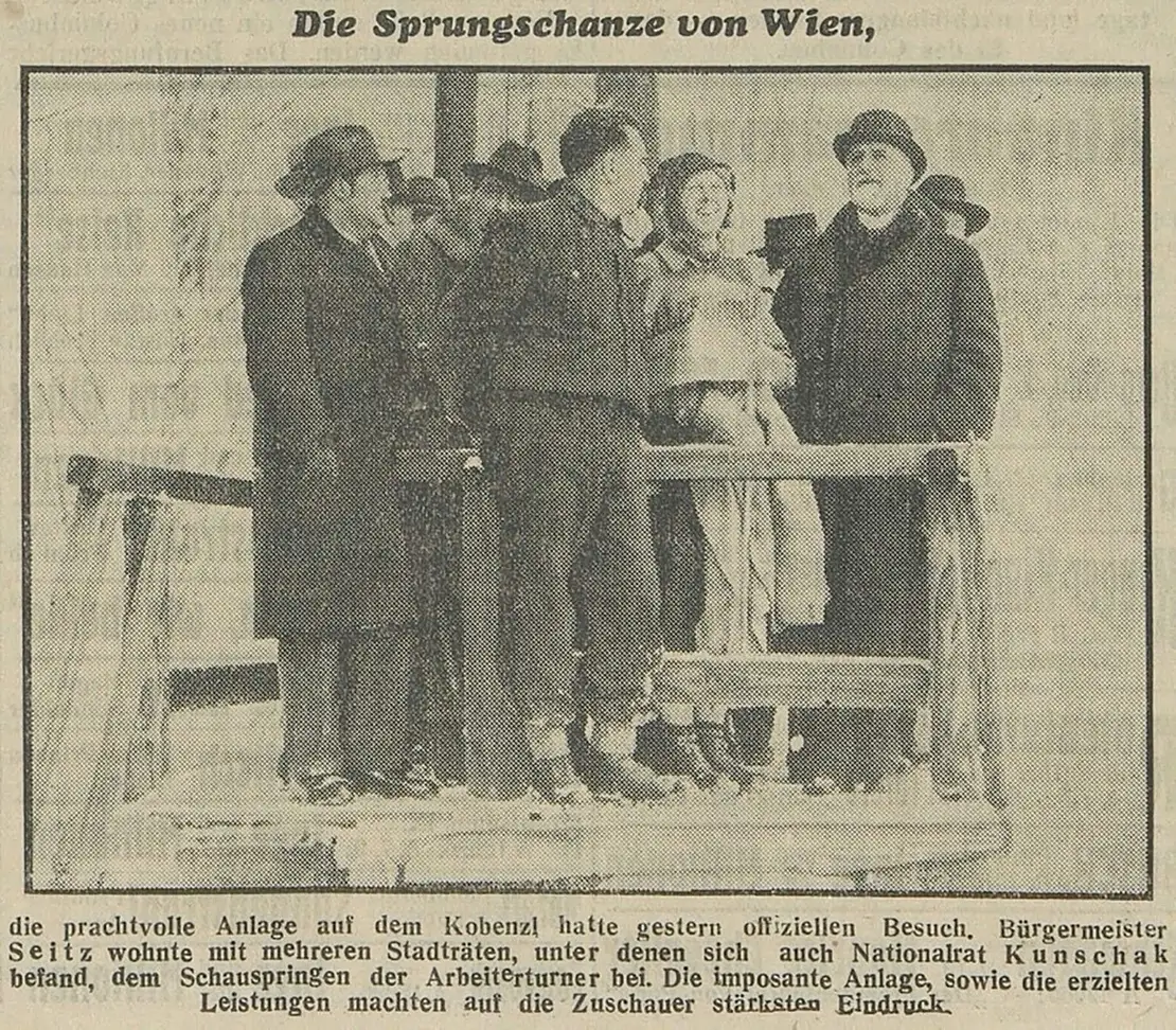 Hoher Besuch aus der Gemeinde- und Bundespolitik am Beobachtungsturm der Cobenzl-Schanze, „Die Stunde“, 16. Jänner 1934, S. 3, ANNO/ÖNB  