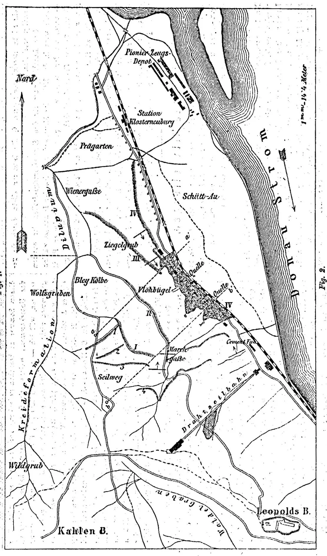 Fig. 1 aus H. Wolf, Die Rutschungen am Kahlenberg-Gehänge längs der Donau, in: Wochenschrift des oesterreichischen Ingenieur- und Architektenvereins, 1876, S. 151, mit eingezeichnetem Trassenverlauf der Drahtseilbahn von der Talstation auf der Höhe der Marinekaserne zur Bergstation in der Nähe der heutigen Josefinenhütte, Quelle: Anno/ÖNB