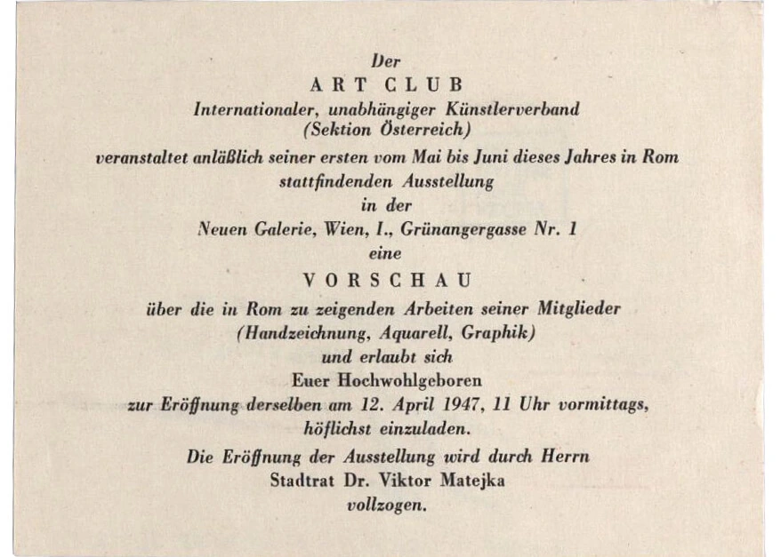 Einladung der ersten Art-Club-Ausstellung, Neue Galerie, 1947, Archiv Neue Galerie/Archiv der Österreichischen Galerie Belvedere, Wien  