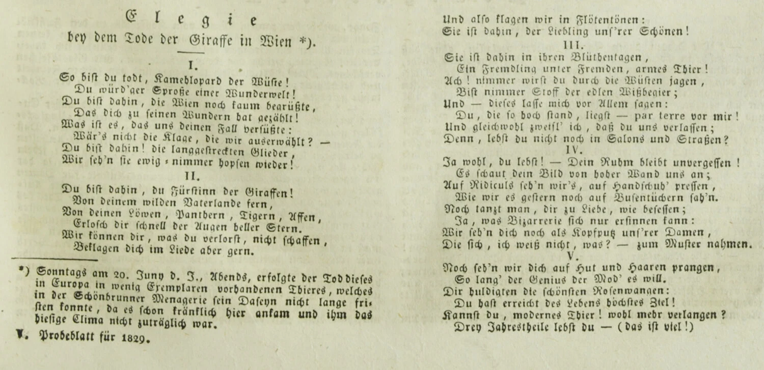 Elegie auf die tote Giraffe in der Wiener Allgemeinen Theaterzeitung vom 18. August 1829, Quelle: ANNO / ÖNB