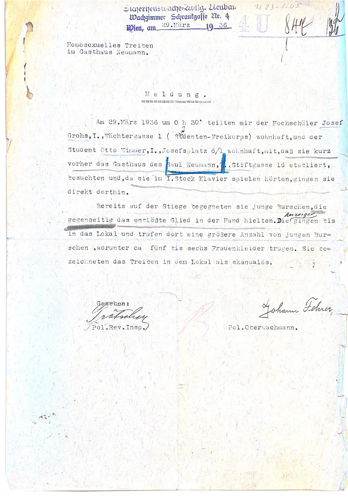 Aus dem Ermittlungsakt, 1936, Wiener Stadt- und Landesarchiv  