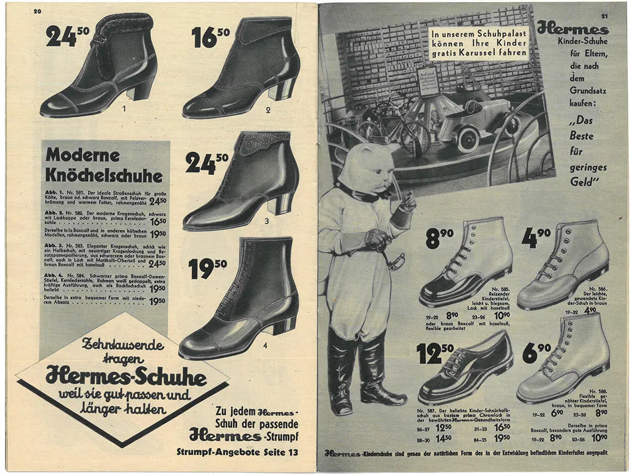 Werbeprospekt des Hermes-Schuhpalasts (u.a. mit Ansicht des Kinder-Karussells), 1932, Privatbesitz Susanne Breuss    