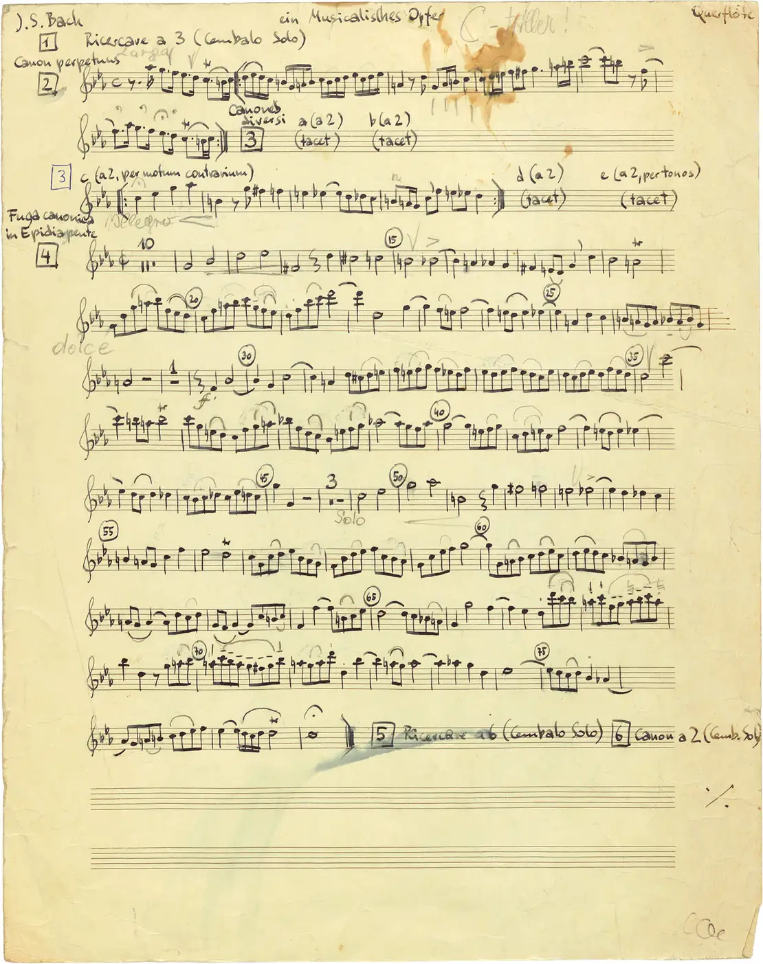 Handgeschriebene Flötenstimme von J.S. Bach: Musikalisches Opfer, Nikolaus Harnoncourt Zentrum  