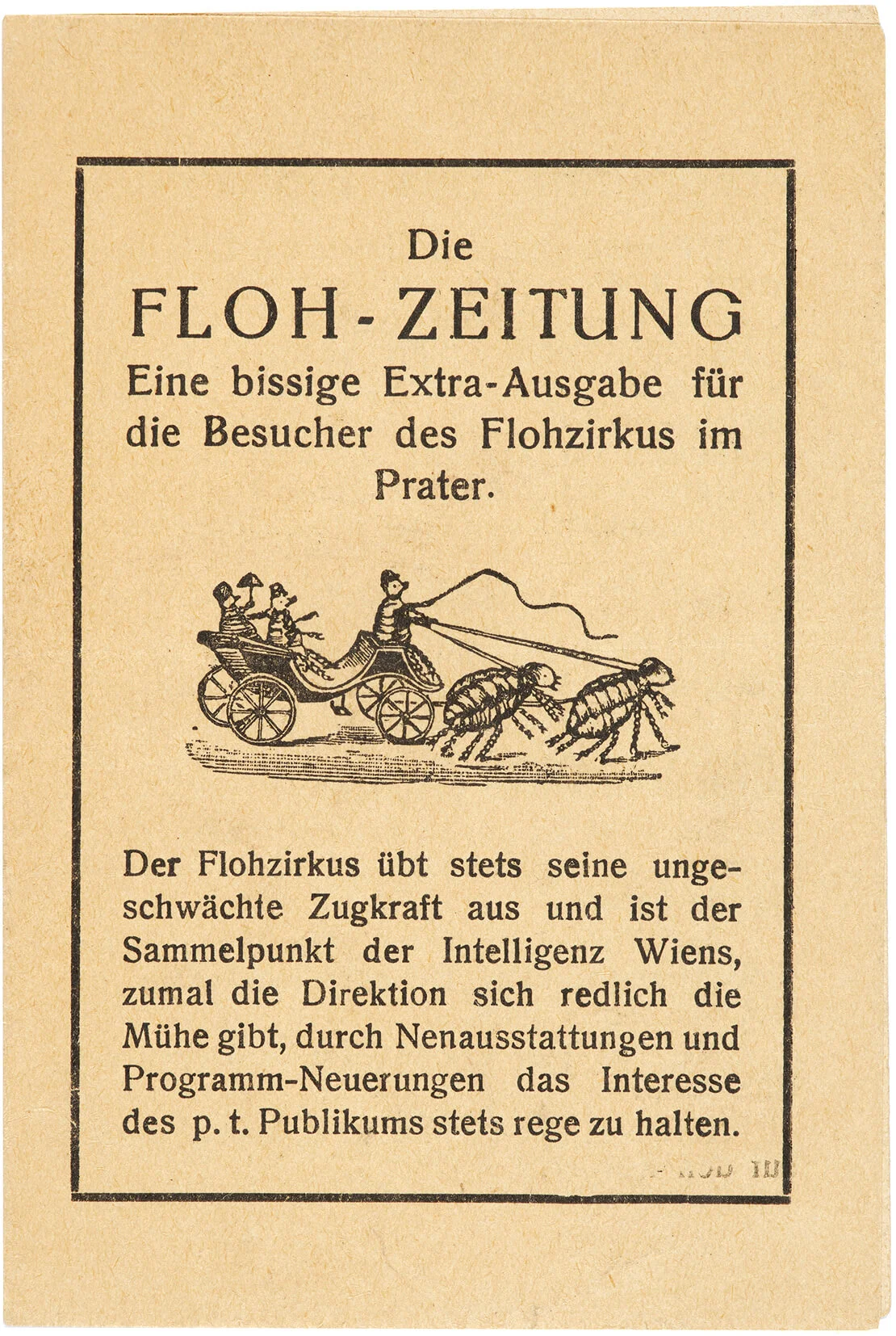 Illustration aus der „Floh-Zeitung. Eine bissige Extraausgabe für die Besucher des Flohzirkus im Prater“, um 1920, Wien Museum, Inv.-Nr. 173099  