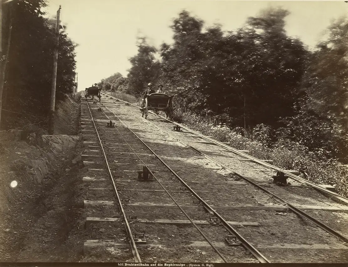 Drahtseilbahn auf die Sophienalpe, Trasse im unteren Streckenabschnitt, Fotografie von Michael Frankenstein, um 1875, Wien Museum