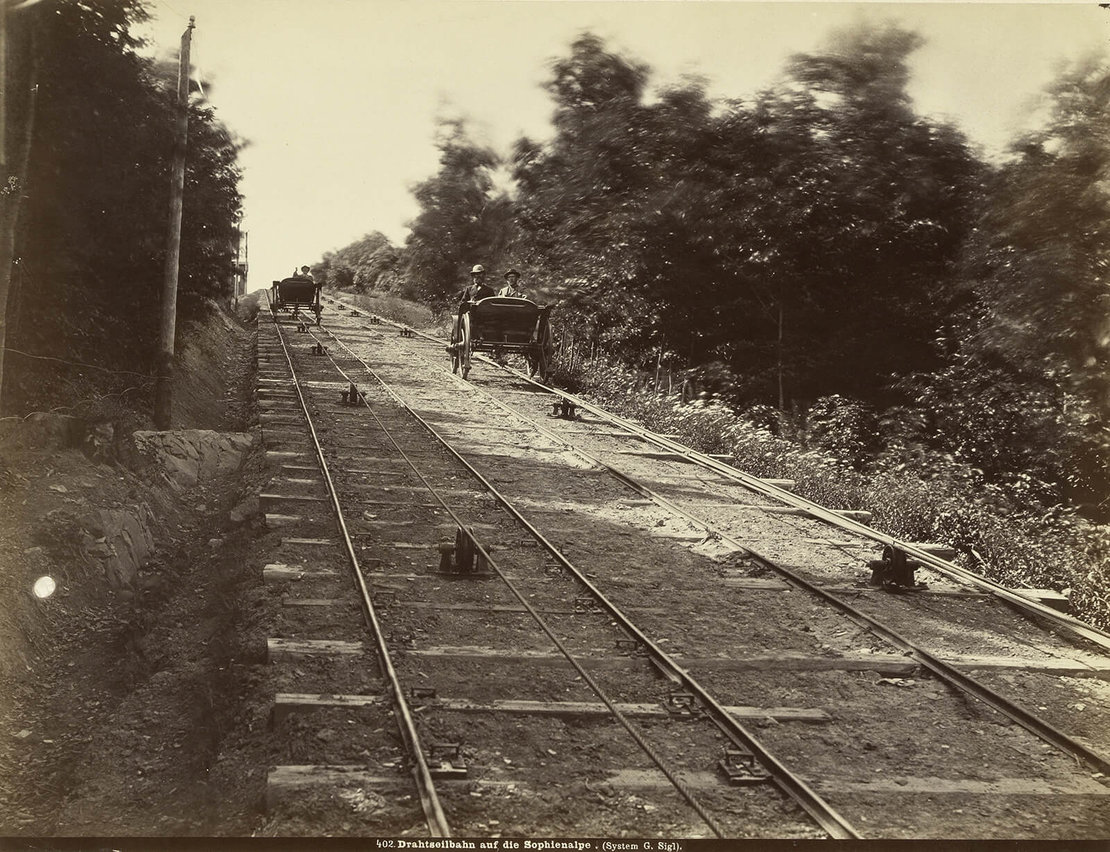 Drahtseilbahn auf die Sophienalpe, Trasse im unteren Streckenabschnitt, Fotografie von Michael Frankenstein, um 1875, Wien Museum 