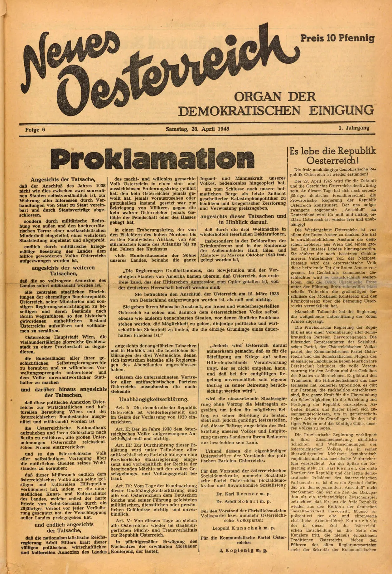 Neues Österreich vom 28. April 1945, Quelle: Anno/ÖNB