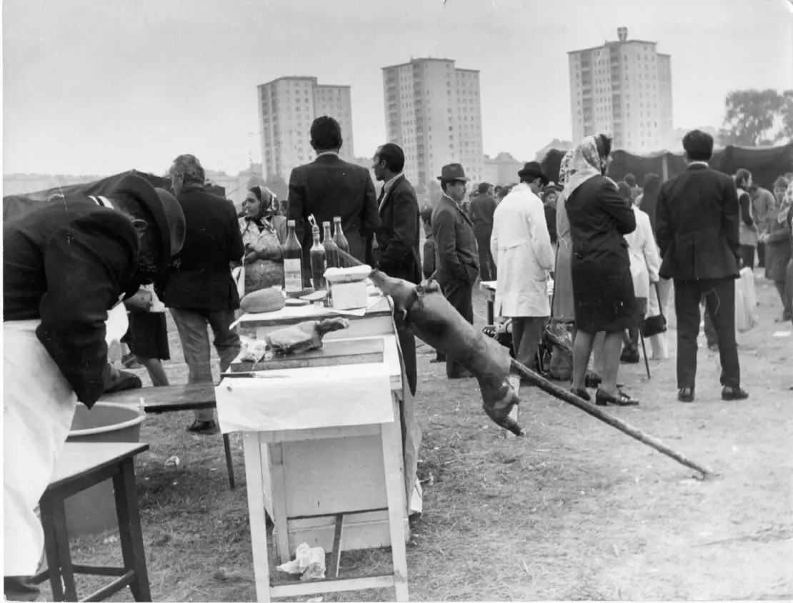 „Gastarbeiter:innen“ feiern ein Fest im Überschwemmungsgebiet nahe Kaisermühlen, um 1970, Foto: Walter Henisch, Verein für Geschichte der ArbeiterInnenbewegung  