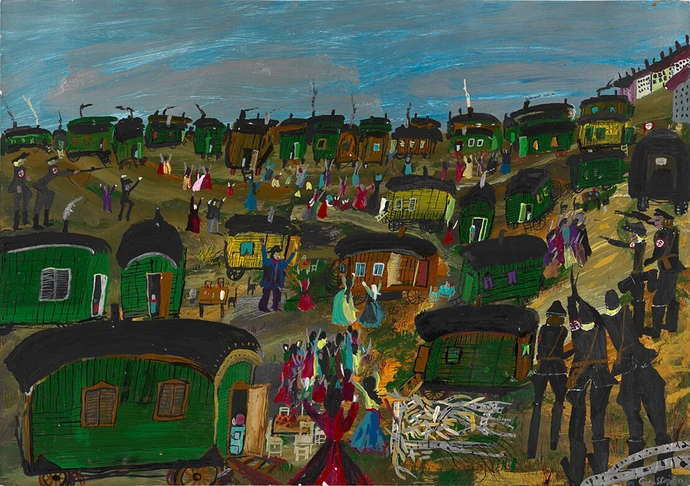 Ceija Stojka: „Wo sind unsere Rom? Laaerberg 1938“, Öl auf Karton, 1995, Sammlung Wien Museum