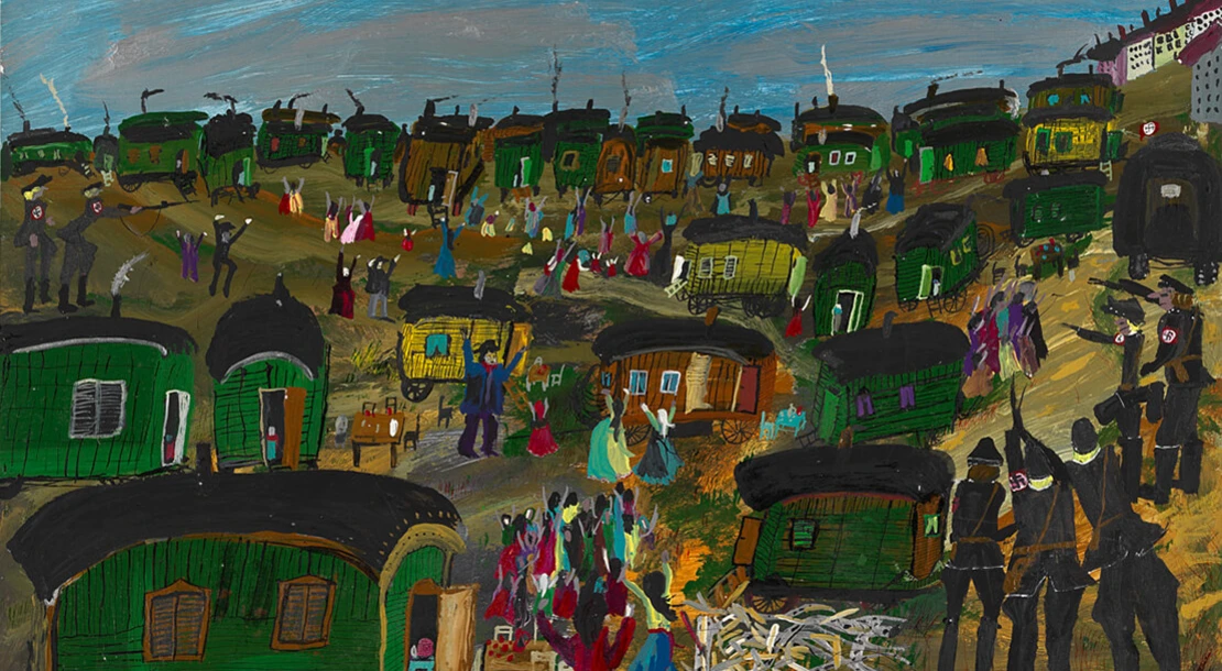 Ceija Stojka: „Wo sind unsere Rom? Laaerberg 1938“, Öl auf Karton, 1995, Sammlung Wien Museum