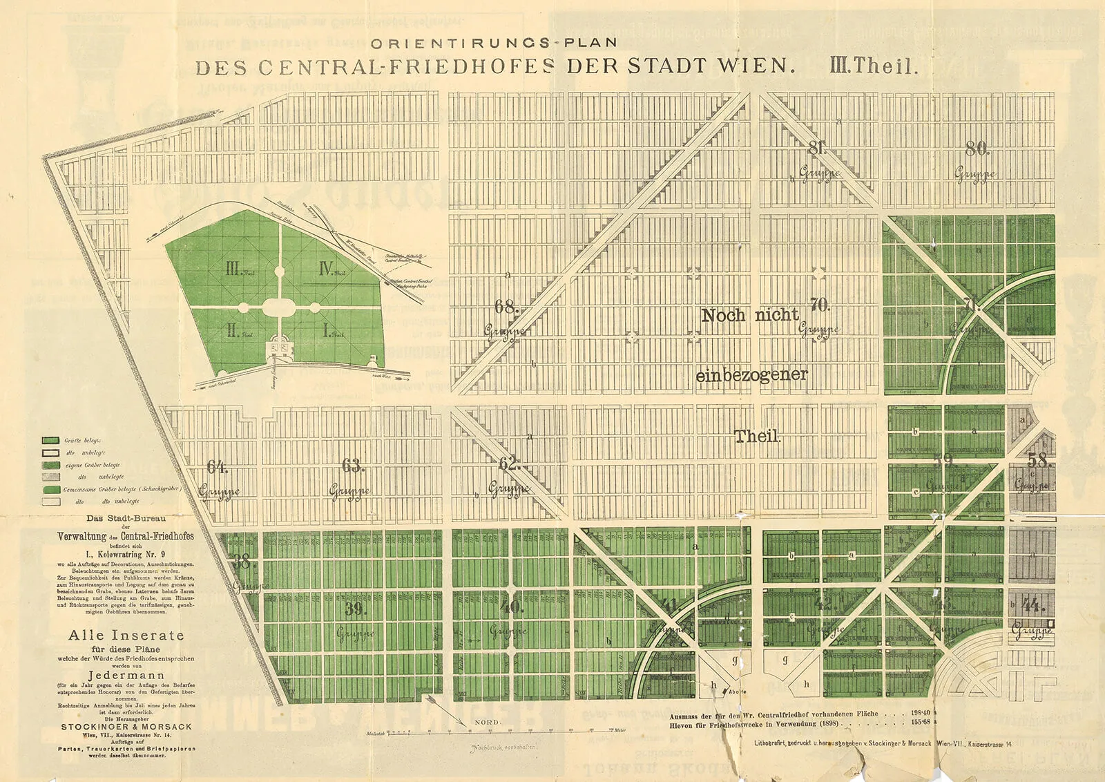 Orientierungsplan des Wiener Zentralfriedhofs mit dem teilweise schon belegten dritten Friedhofsteil, 1898/1899. Wien Museum, Inv.-Nr. 300857
