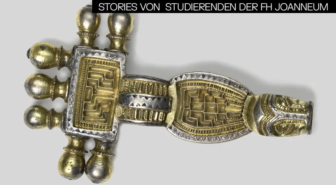 Bügelfibel, vermutlich Teil eines Gürtelgehänges, Silber gegossen, Einlagen in Niello, um 550–575, gefunden in einem lagobardenzeitlichem Gräberfeld beim Mariahilfer Gürtel, Wien Museum  