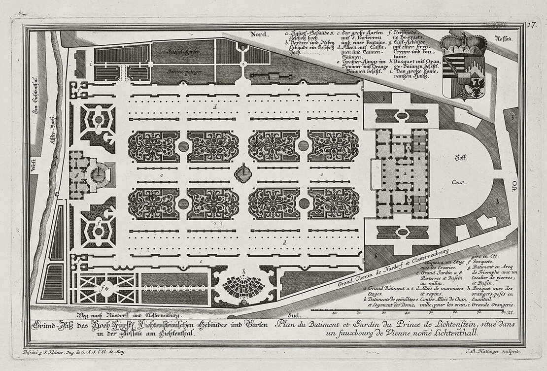 Salomon Kleiner, Johann Bernhard Hattinger: Plan des Gartenpalais und Gartens in der Rossau, vor 1737, Radierung, LIECHTENSTEIN. The Princely Collections, Vaduz–Vienna 