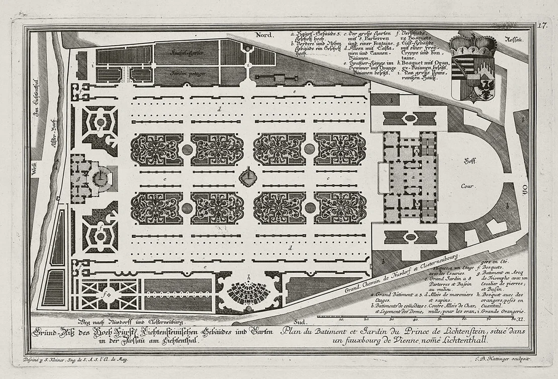 Salomon Kleiner, Johann Bernhard Hattinger: Plan des Gartenpalais und Gartens in der Rossau, vor 1737, Radierung, LIECHTENSTEIN. The Princely Collections, Vaduz–Vienna