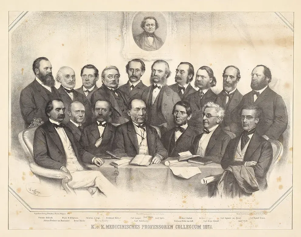 Begründer der Zweiten Wiener Medizinischen Schule, darunter Carl von Rokitansky (erste Reihe, Mitte), 1872, Wien Museum  