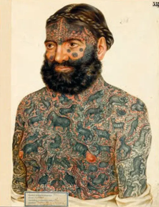 Tätowierung als Hautkrankheit: Captain George Costentenus in Ferdinand Hebras „Atlas der Hautkrankheiten“ (1856-1876), Foto: Bene Croy