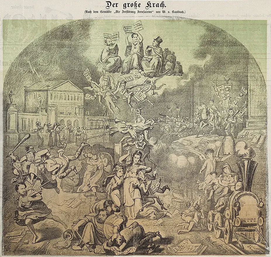 Karikatur „Der große Krach“, M. Bichler nach Carl L., Neuer Freier Kikeriki, 17. Mai 1873, Wien Museum. Typisch für Karikaturen im Zusammenhang mit dem Börsenkrach waren die antisemitischen Stereotype.  