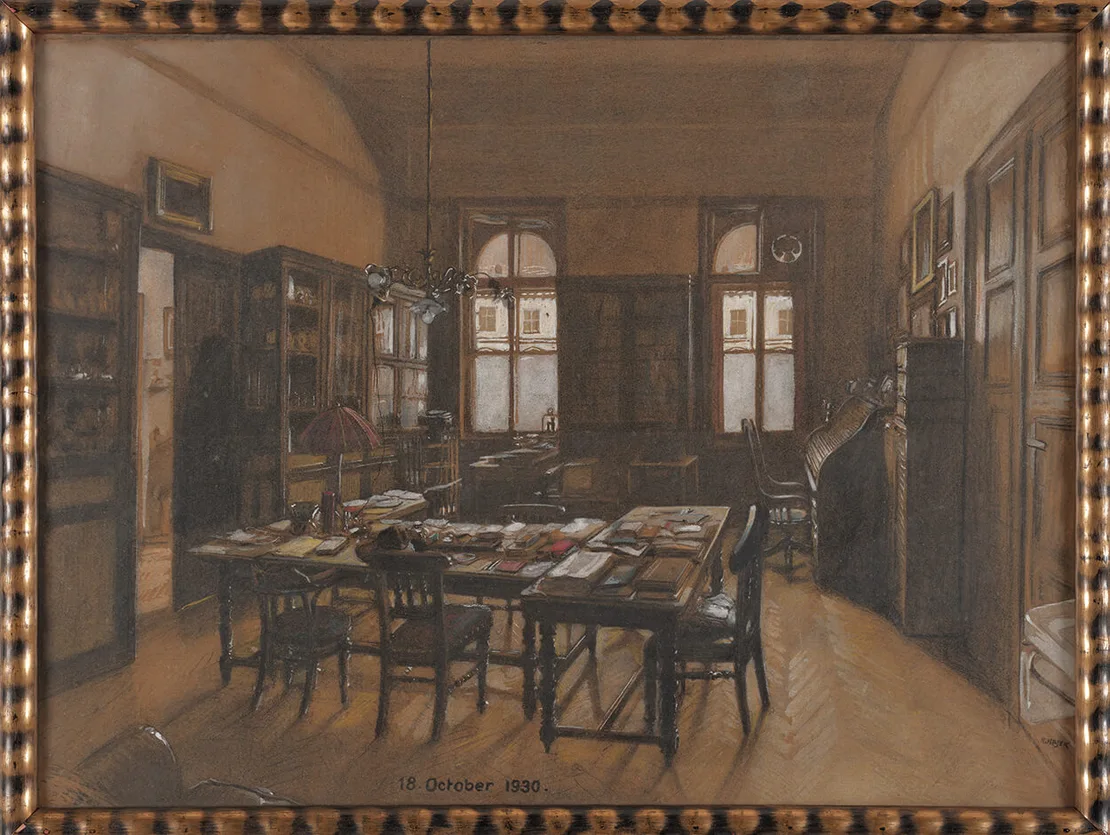 J. Hajek: Julius Tandlers Büro im Anatomischen Institut, 1930, Aquarell, Foto: TimTom, Wien Museum