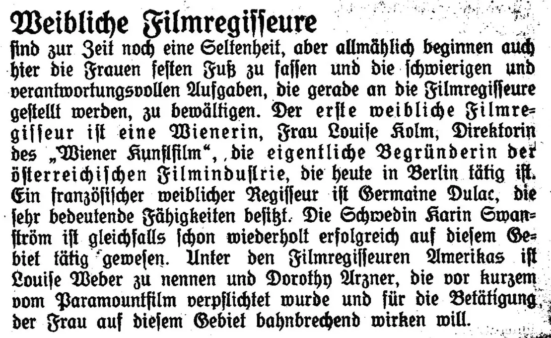 „Der erste weibliche Filmregisseur ist eine Wienerin“ berichtet die Zeitschrift „Frauen-Briefe“ im Oktober 1927, ÖNB / Anno