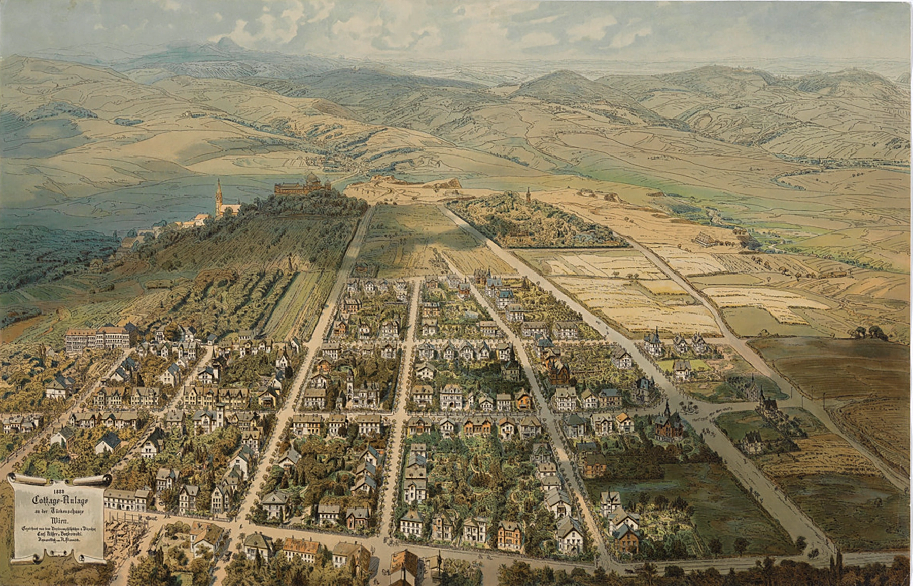 „Cottage-Anlage an der Türkenschanze Wien“, Zeichnung: Carl Ritter v. Borkowski, aquarelliert von Anton Hlavaček , Stand 1888, Farbdruck, Wien Museum, Inv.-Nr. 31815