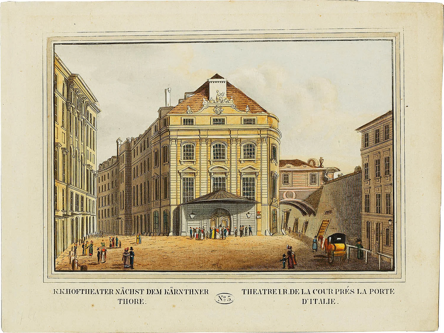 Kärntnertortheater am Albertinaplatz/Augustinerstraße, Blatt Nr. 5 aus: Wien's vorzüglichste Gebäude und Monumente, vermutlich 1823, Wien Museum, Inv.-Nr. 59462  