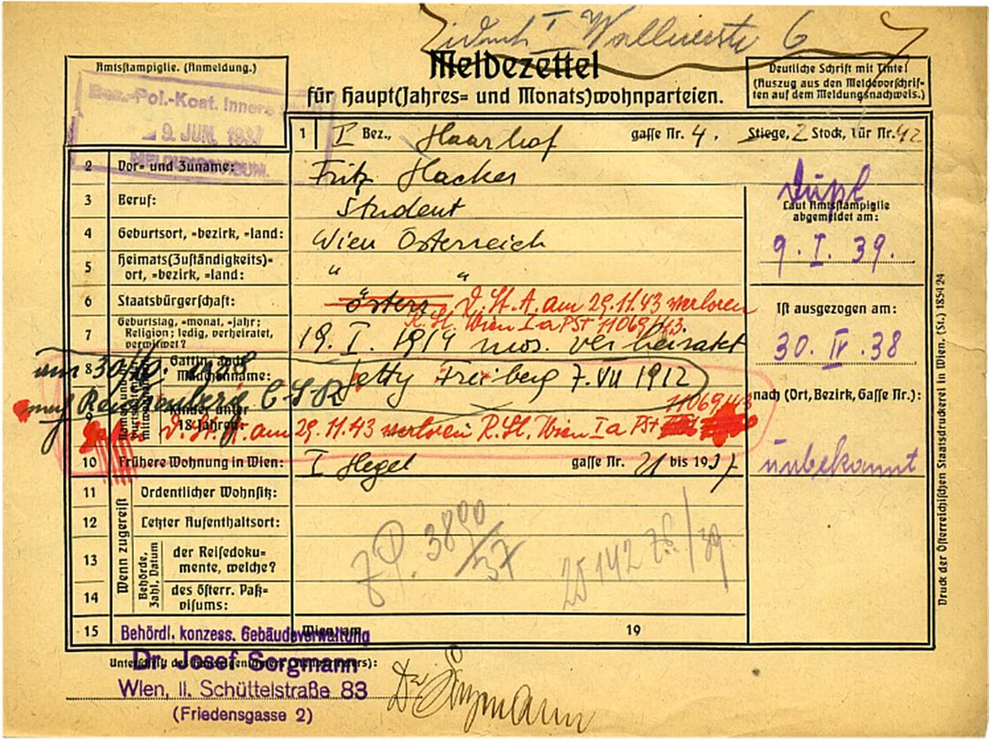 Meldezettel von Friedrich Hacker, Wiener Stadt- und Landesarchiv  