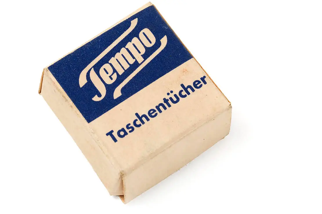 Miniatur-Verpackung „Tempo Taschentücher“ für Kinderkaufmannsladen, 1950er Jahre, Sammlung Wien Museum  