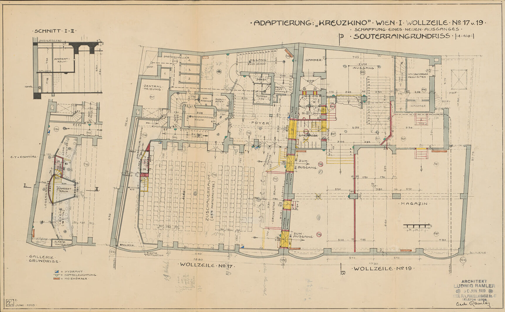 Kreuzkino, 1., Wollzeile 17, Grundriss Souterrain (Adaptierung 1919), Wiener Stadt- und Landesarchiv