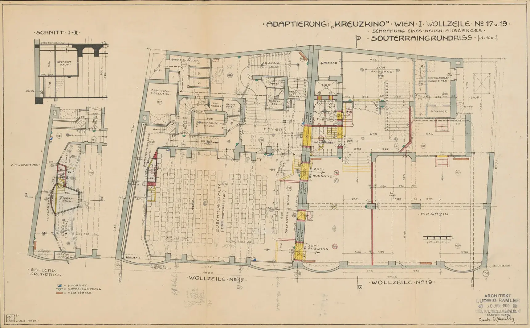 Kreuzkino, 1., Wollzeile 17, Grundriss Souterrain (Adaptierung 1919), Wiener Stadt- und Landesarchiv  