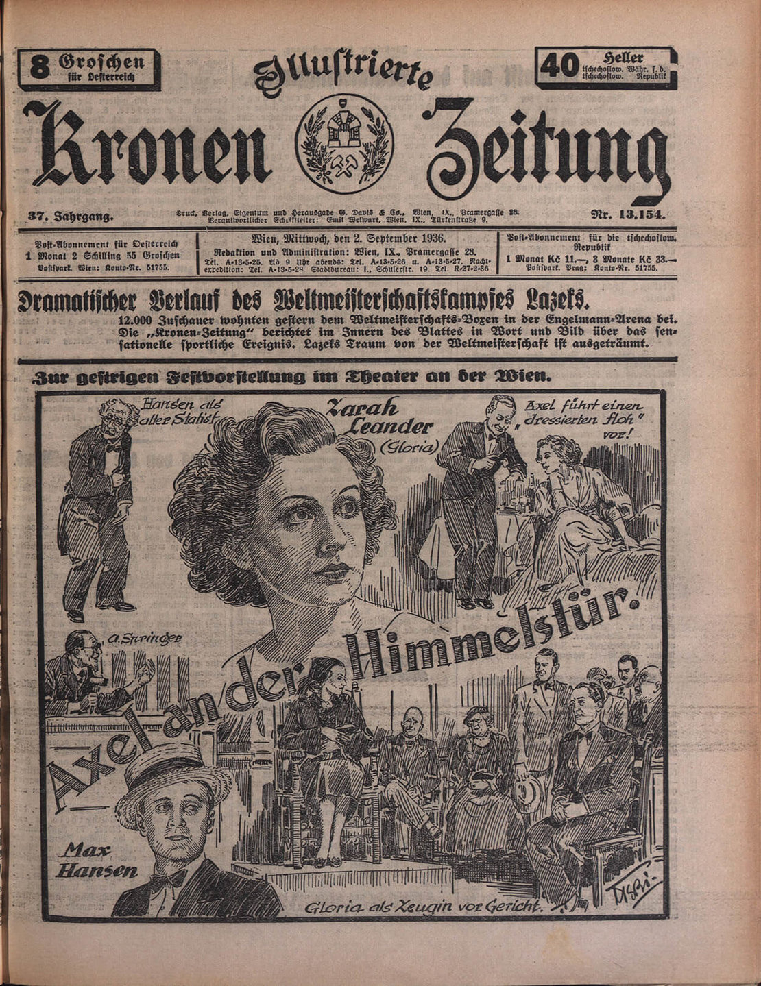 Titelseite der Illustrierten Kronen Zeitung vom 2. September 1936, ANNO/ÖNB 