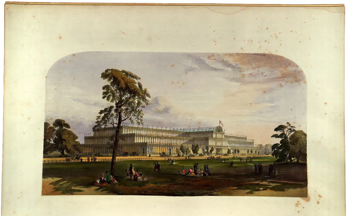 Der eiserne Pavillon im Stadtpark galt in der Forschung lange Zeit als Ausstellungsstück der Londoner Weltausstellung 1851 (hier im Bild deren Crystal Palace). Dabei wurde er dort nie gezeigt. Kolorierte Lithografie der Gebrüder Dickinson, 1851, Wikimedia Commons