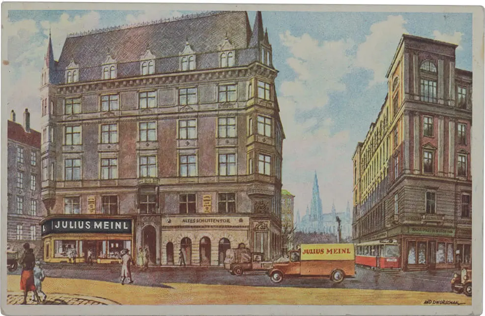 Meinl warb mit Afrikanern in den Filialen. Ansichtskarte, Julius Meinl-Filiale am Schottentor, um 1930, Wien Museum