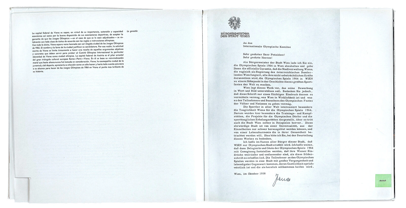 Bewerbungsbrief der Stadt Wien, aus: dem Buch „Wien meldet seine Kandidatur für die Olympischen Spiele 1964“, 1958, Foto: Stephan Doleschal