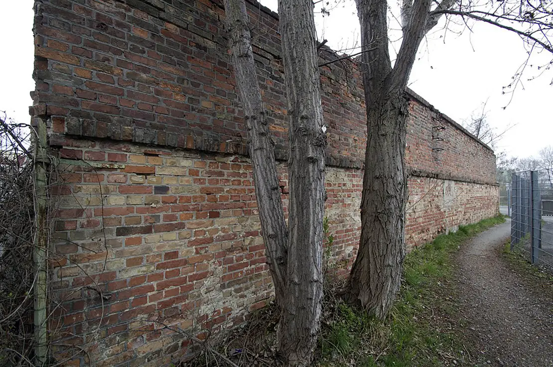 Der etwa 21 Meter lange und 4,5 Meter hohe Rest der Splitterschutzmauer um die ehemalige Tankanlage der Redeventza. Die ursprüngliche Höhe muss aufgrund der 5 bis 9 Meter hohen Tanks mindestens das Doppelte betragen haben. Die Mauerstärke beträgt in 1,5 Metern Höhe 130 Zentimeter und nimmt nach oben hin ab. Foto: Thomas Keplinger  