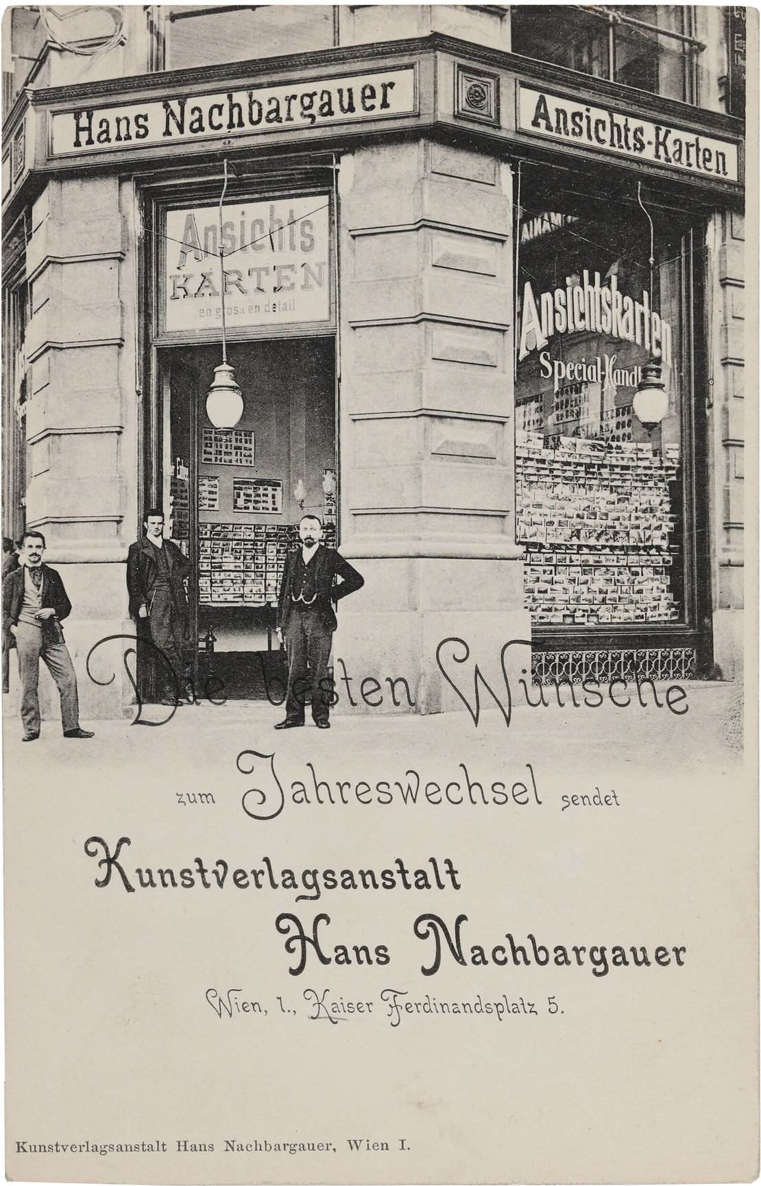Grußkarte mit Außenansicht eines Postkartengeschäfts (heute Schwedenplatz 18.), vor 1905, Verlag Hans Nachbargauer, Wien Museum 